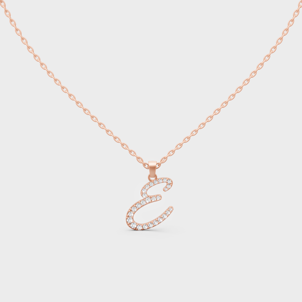 Romantic Rose Gold "E" Alphabet Lab Grown Diamond Pendant and Dainty Cable Chain